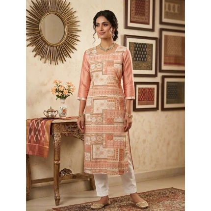 Pure Cotton Peach Colour Printed Kurti